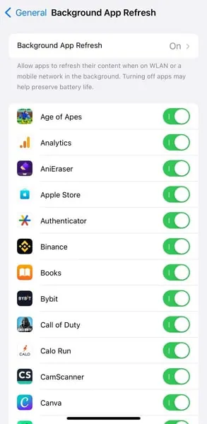 attiva la funzione di aggiornamento delle app in background