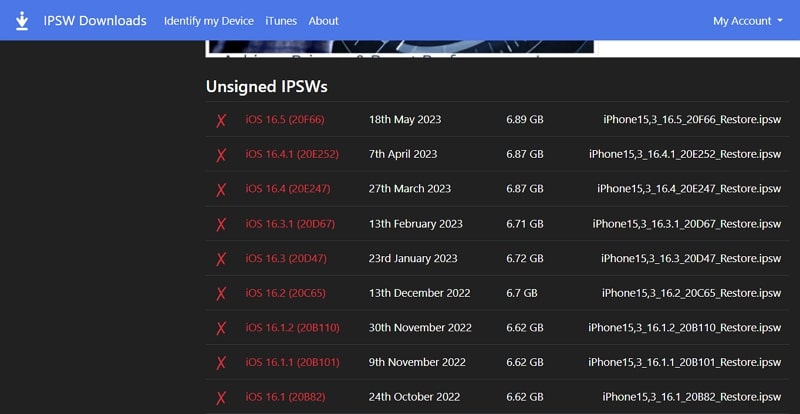 download the unsigned ipsw file