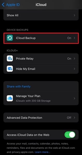 access icloud backup feature