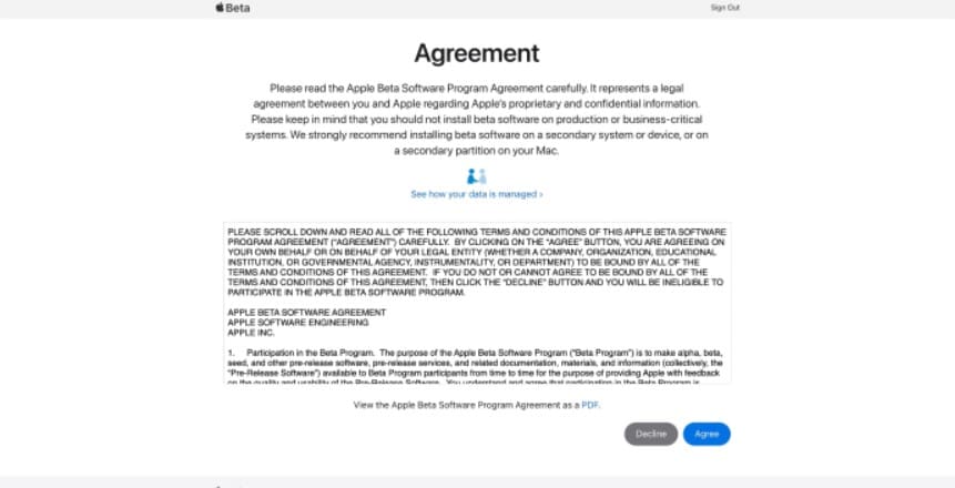 Acuerdo del programa beta de Apple
