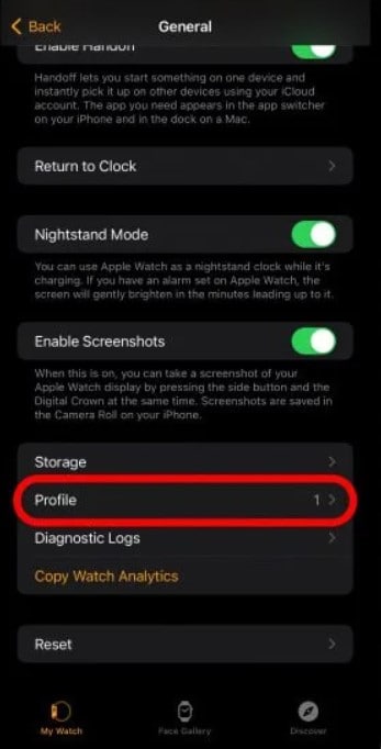 app apple watch seleziona profilo