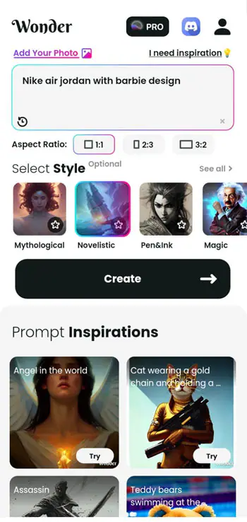 اضغط على "Create " في تطبيق Wonder AI