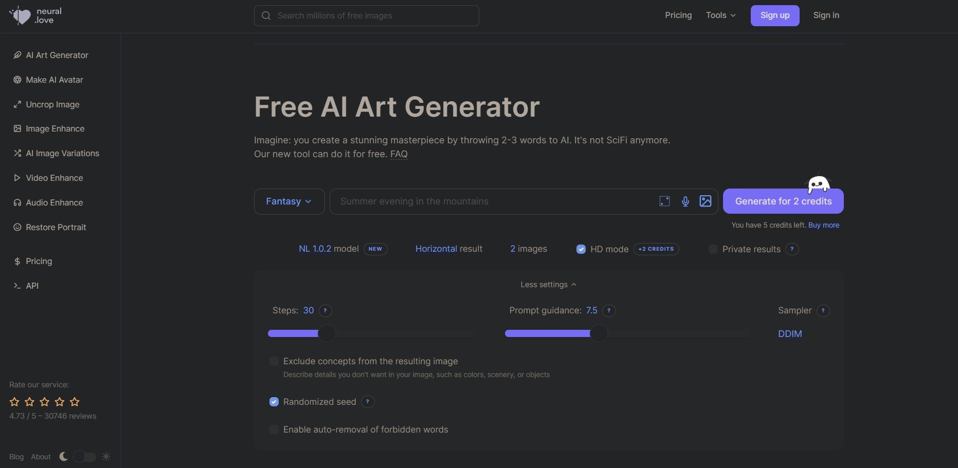 neural love ai art generator interface