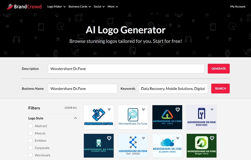 BrandCrowd generador de logotipos con IA