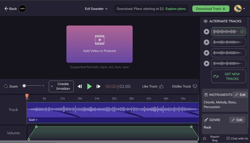 واجهة تطبيق beatoven لتوليد الموسيقى بالذكاء الاصطناعي
