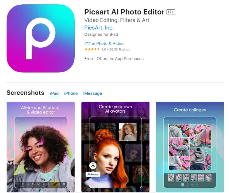 página de la tienda de aplicaciones picsart