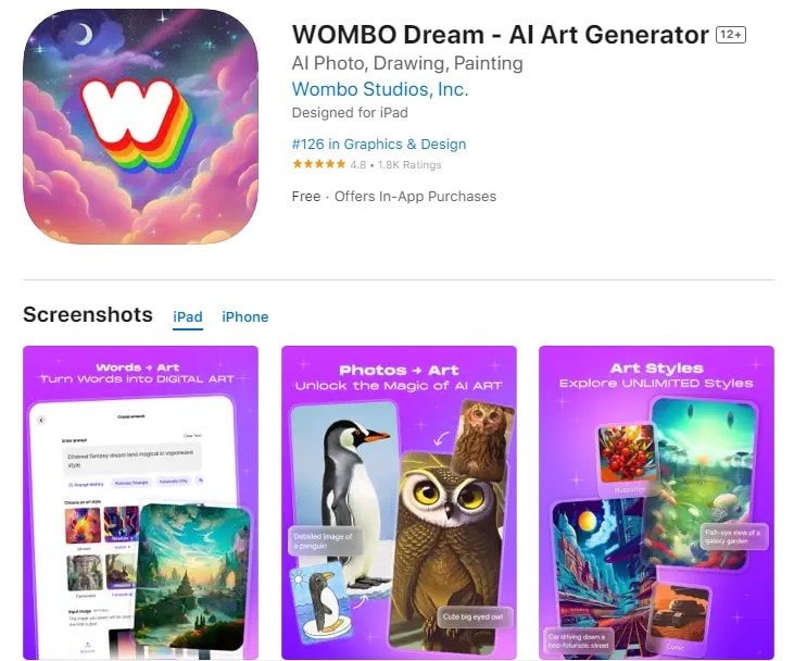 pagina dell'app store di wombo