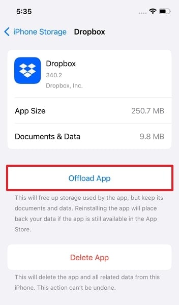 tap on offload app option