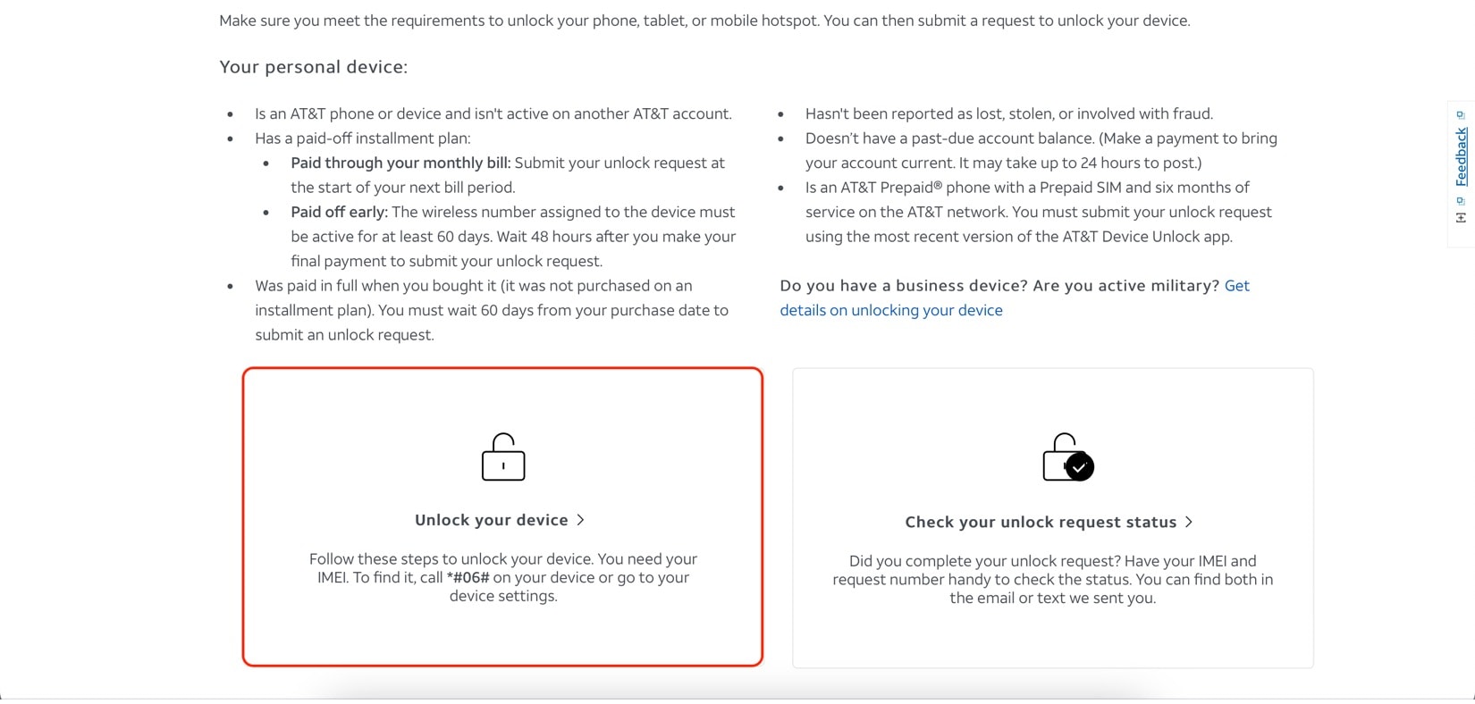 página de desbloqueo de dispositivos at&t