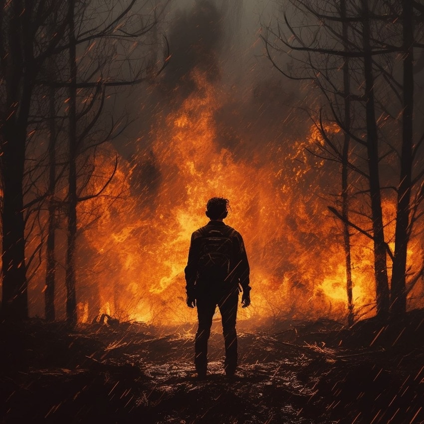مطالبة عملٍ فني بالذكاء الاصطناعي تجسِّد رجلاً داخل غابة يرنو إلى حريق يلتهمها