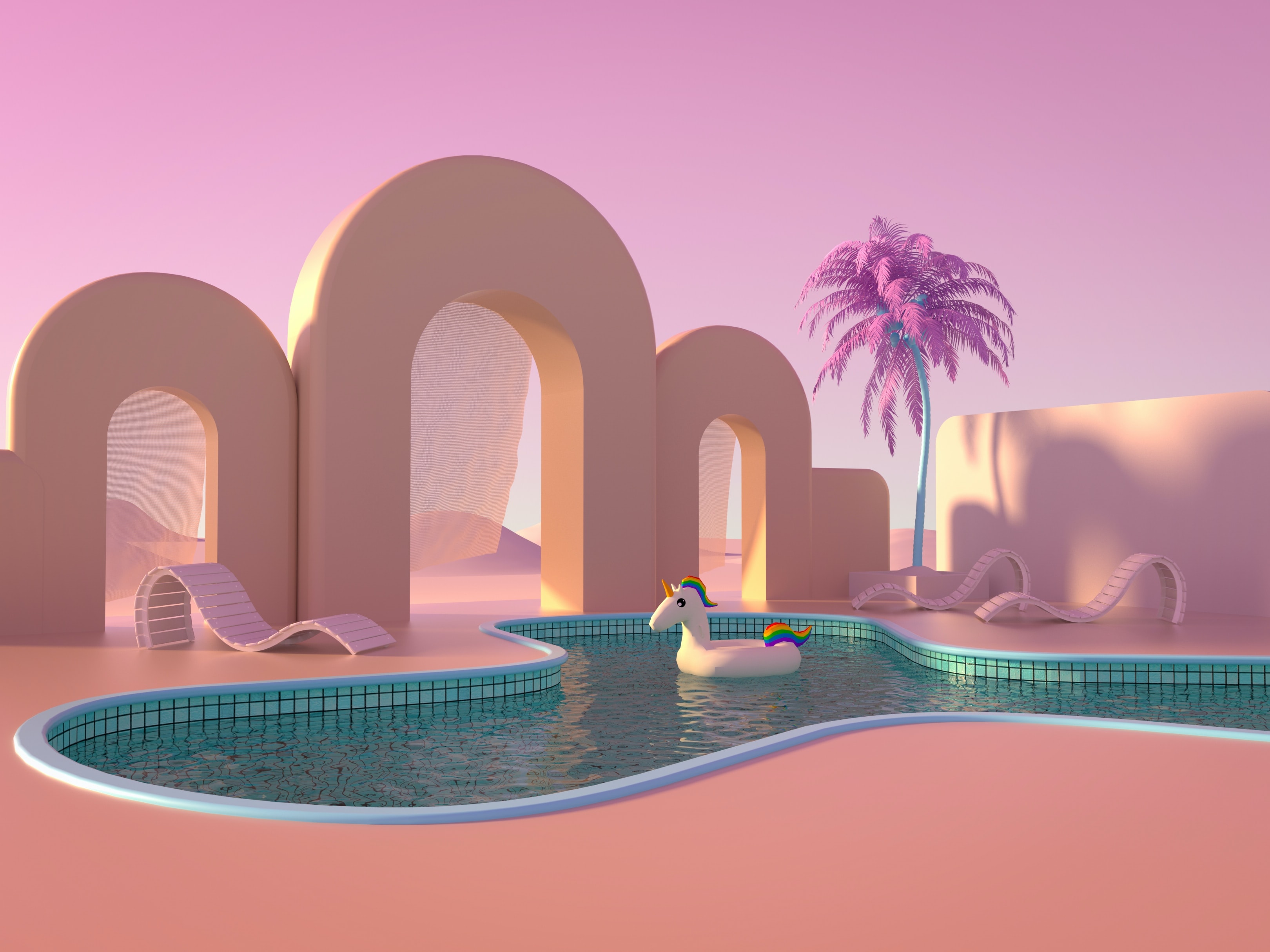 3d rendered pool with a unicorn floatie