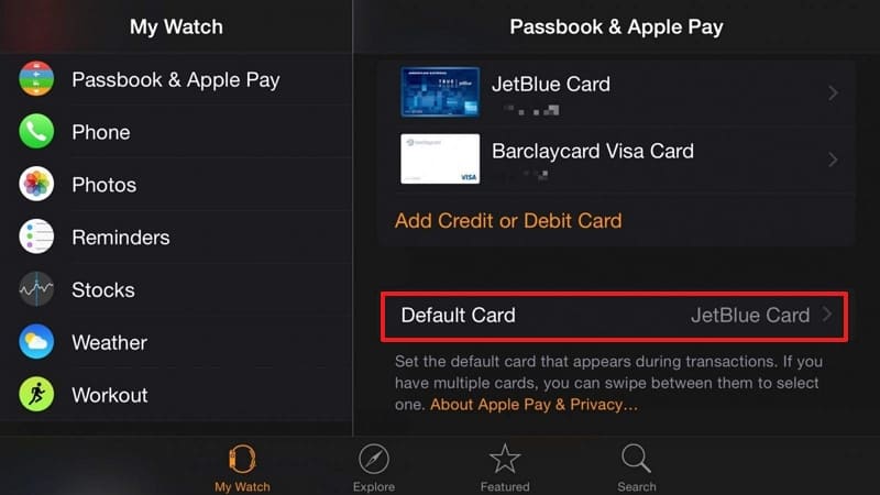 tap on the default card