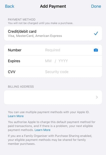 add new payment card details