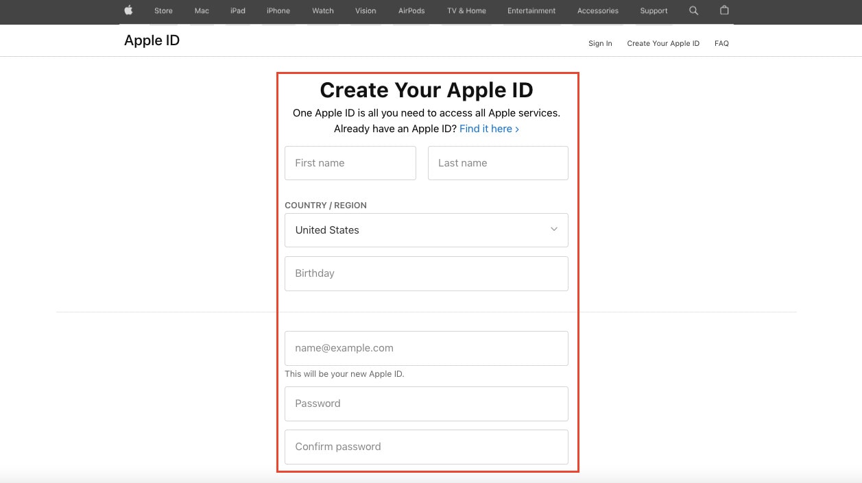 create your apple id step 1
