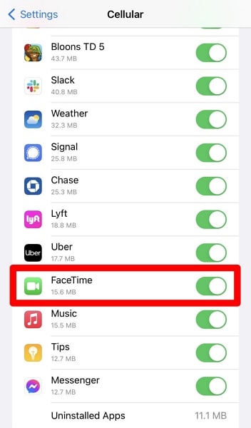 enable facetime in cellular settings