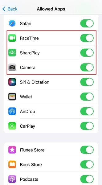 enable facetime shareplay and camera