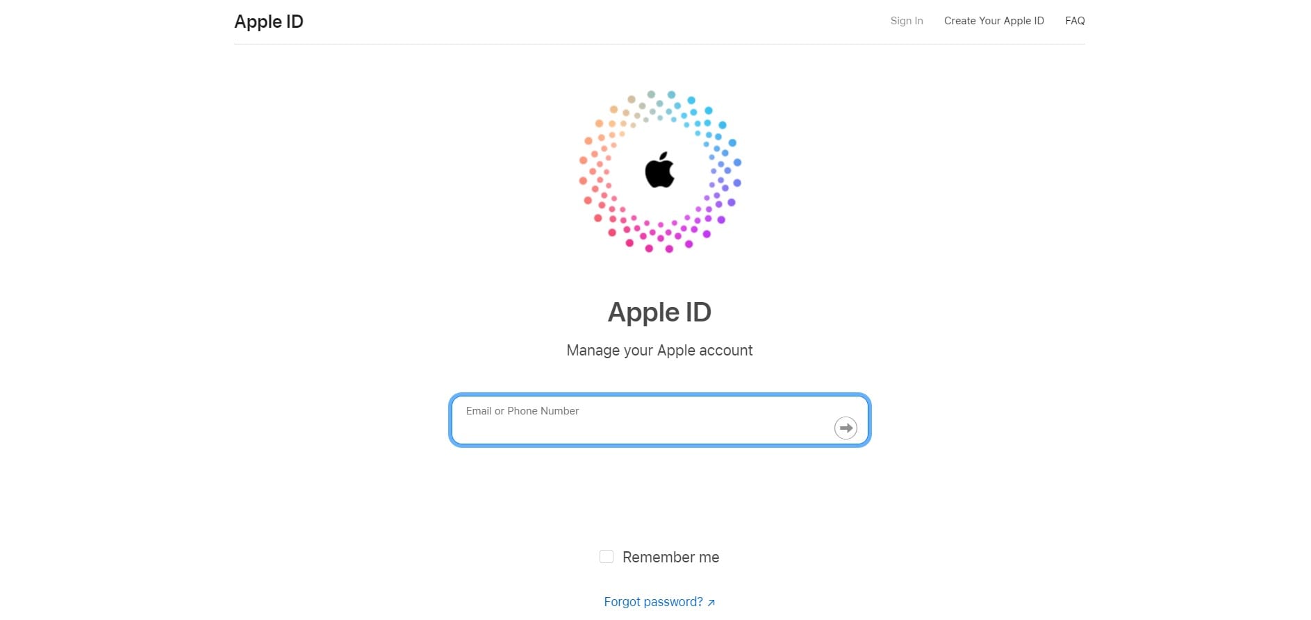 Interface do website do ID Apple