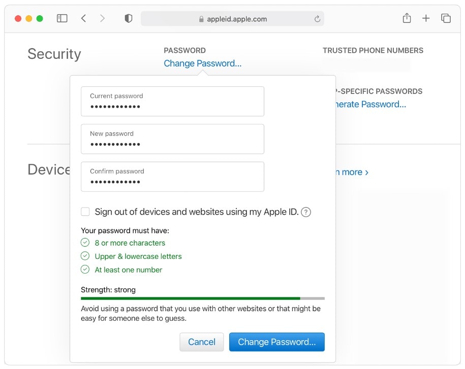 change apple id password on web