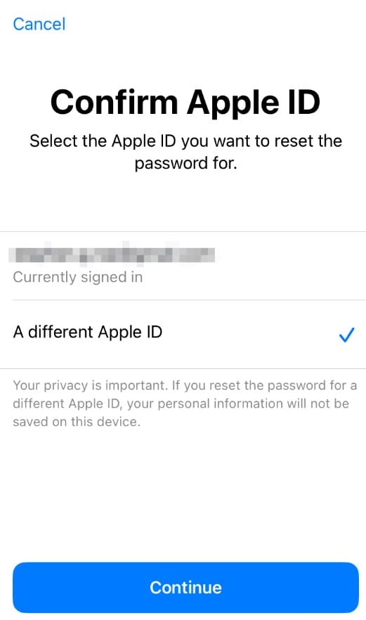select different apple id to reset