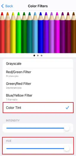 تحديد خيار color tint وhue