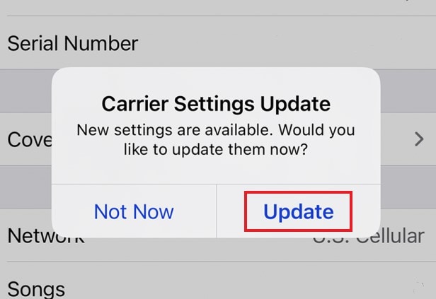 carrier settings update available