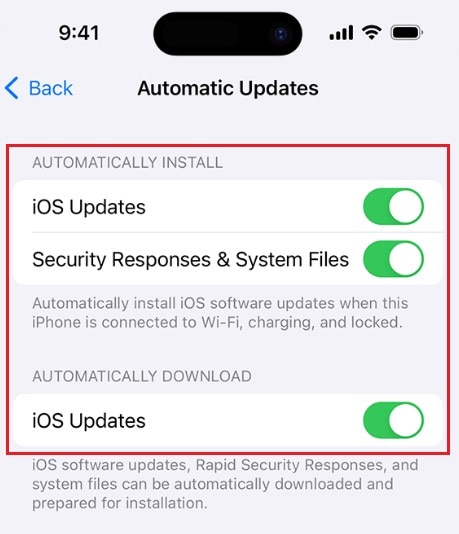 actualización automática de ios