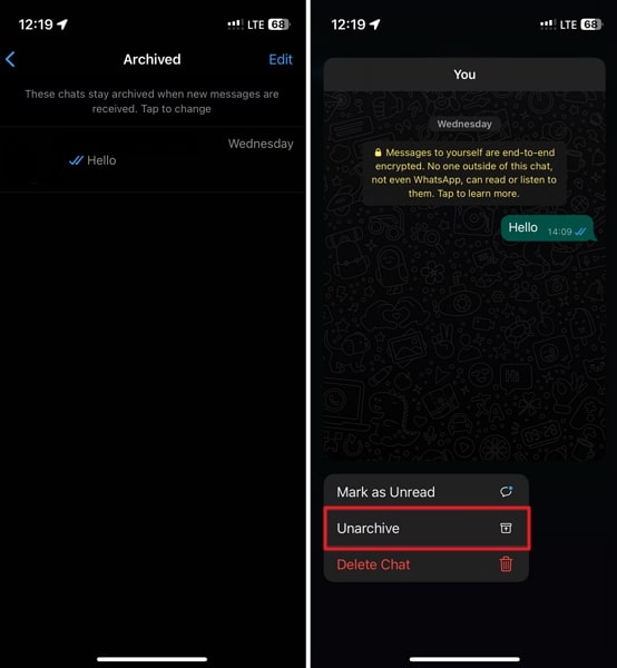 tap on unarchive option