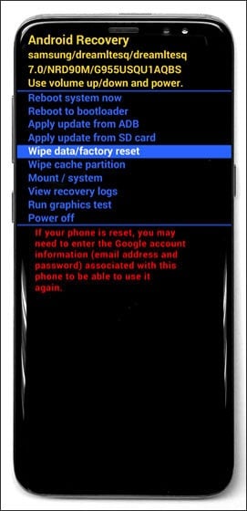 elige la opción wipe data factory reset