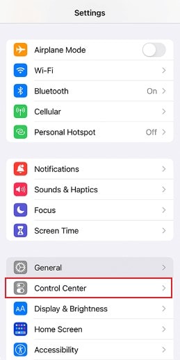 control center iphone settings