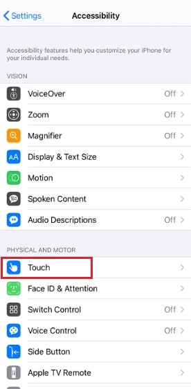 ajustes del iphone touch