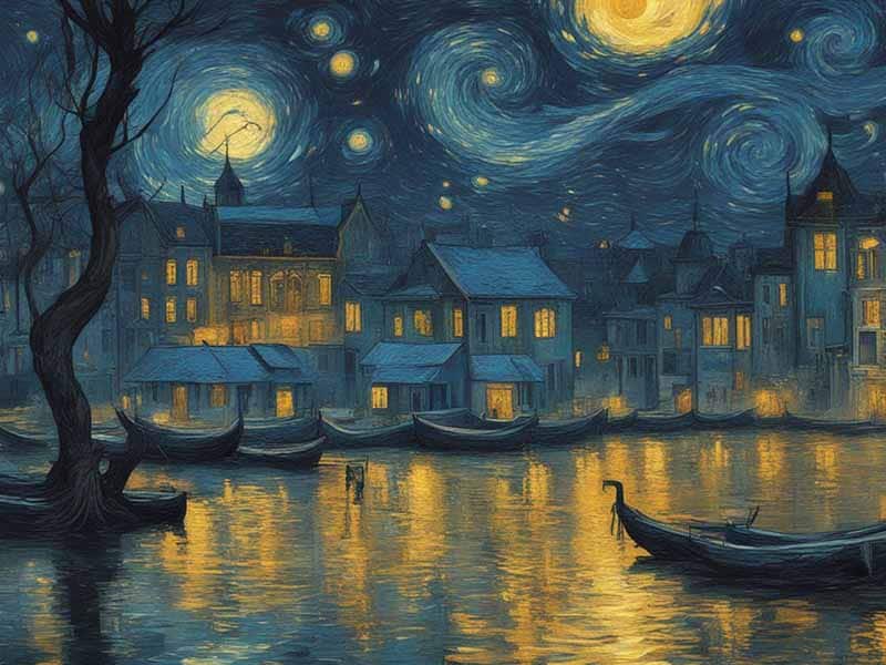 Starry Night with modern twist painting made with Stable Diffusion AI