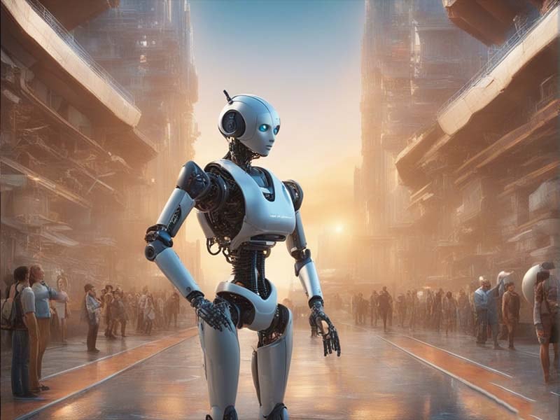 Stabilità Diffusione Società utopica con robotica avanzata creata dall'IA.