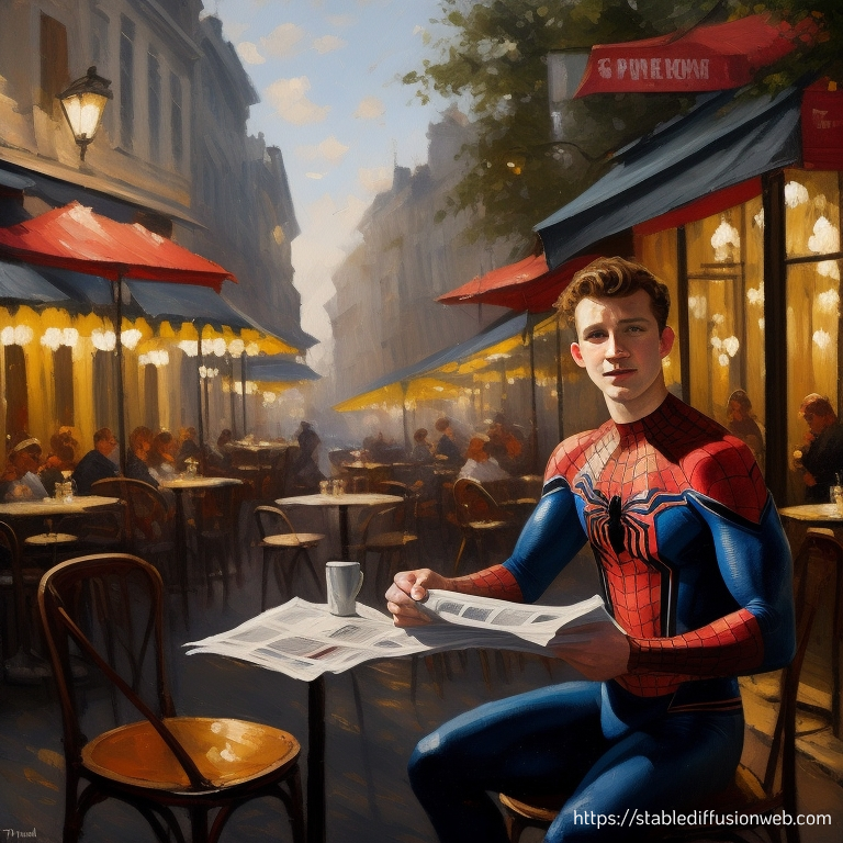 stable diffusion image of spider-man in a french cafe