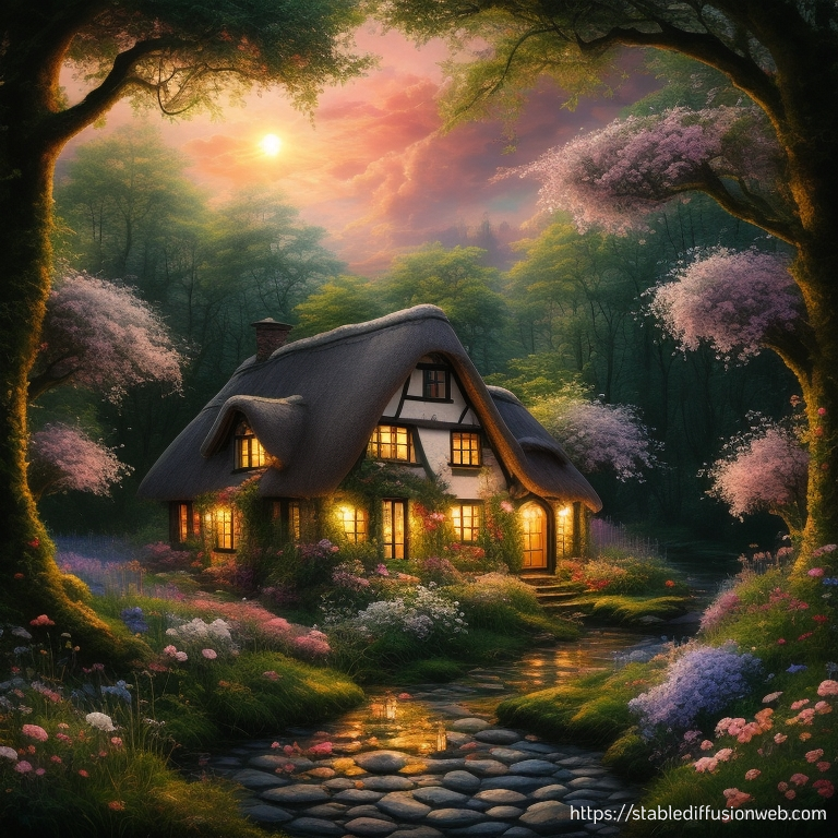 stable diffusion image of a cottage in the forest