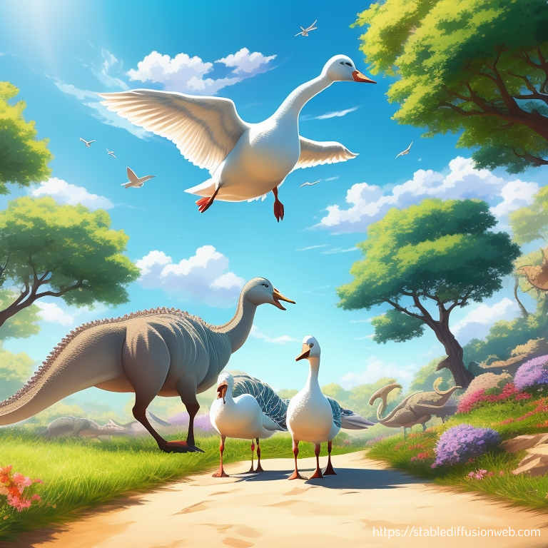 stable diffusion image of geese as dinosaurs
