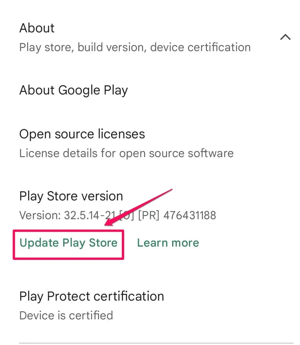 updating play store version menu