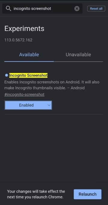 incognito screenshot enabled