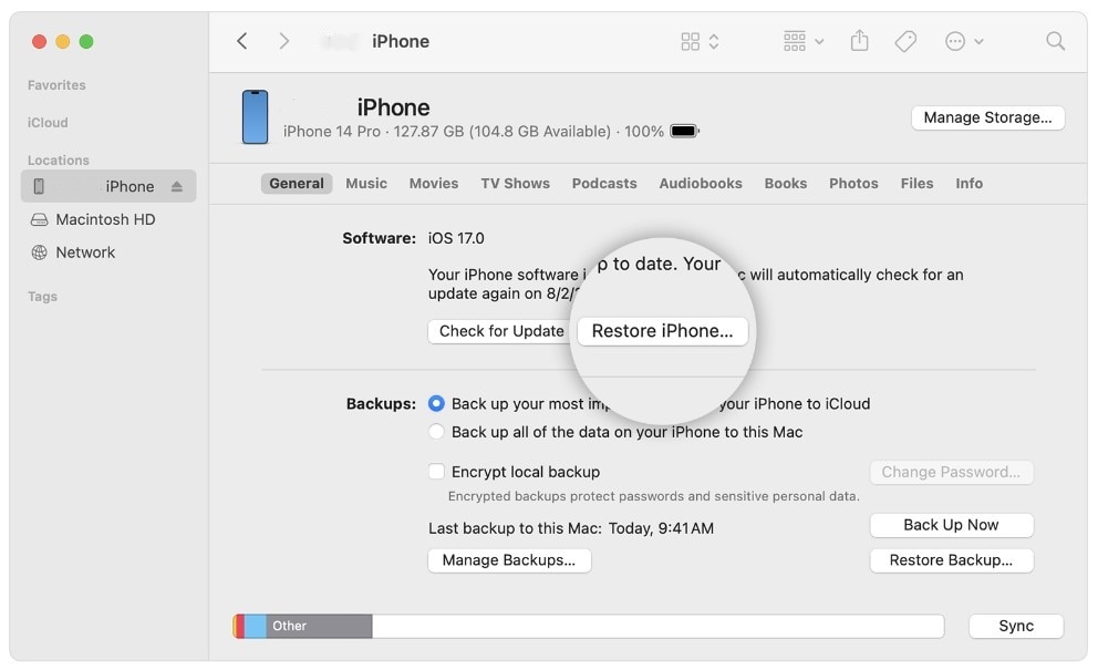 restore iphone on mac device