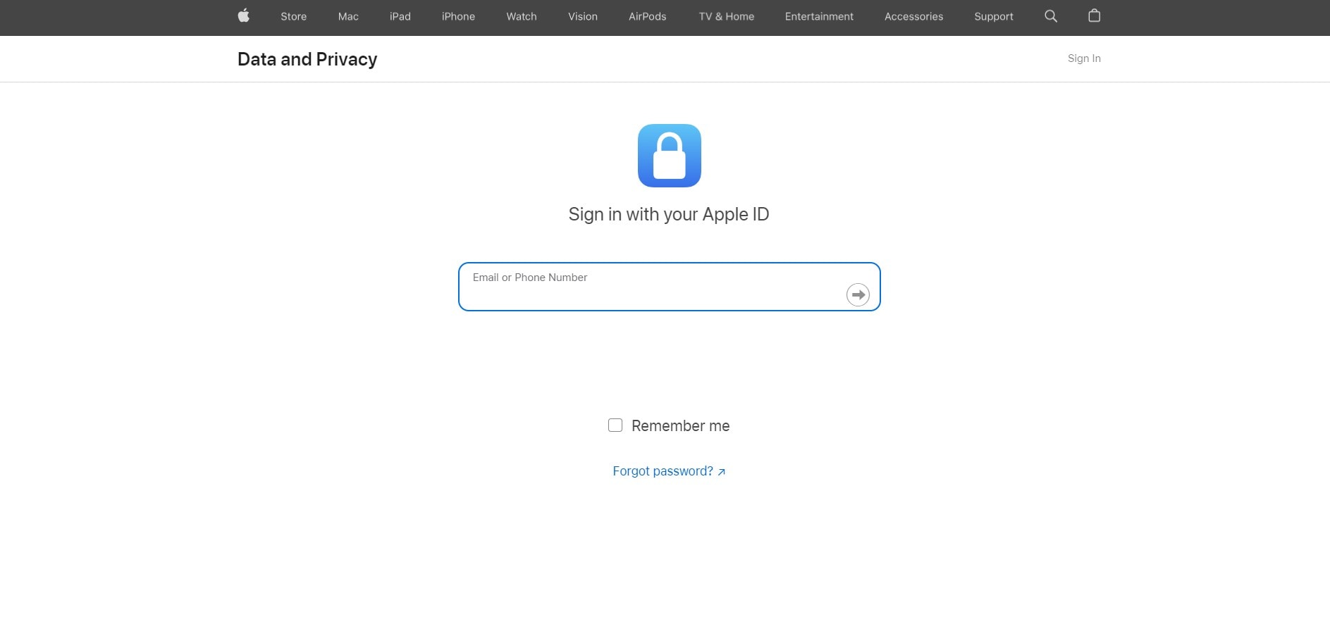 apple data and privacy website interface