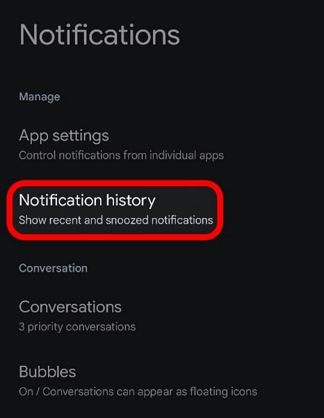 tap notification history option