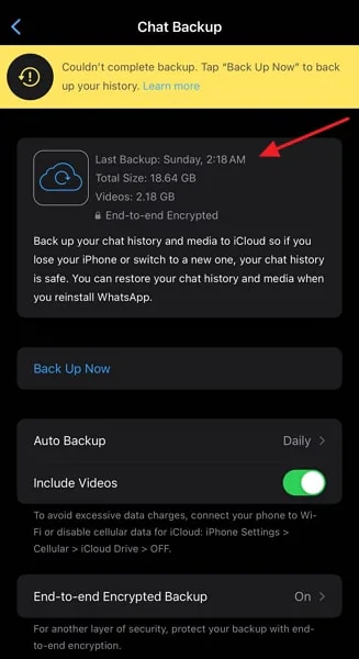 check the icloud whatsapp backup time