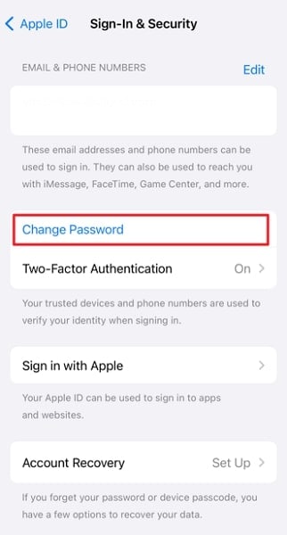 tap the change password option