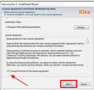  accept terms to install samsung kies