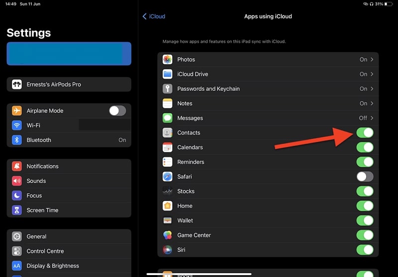 enable contacts icloud option