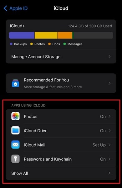 access apps using icloud section