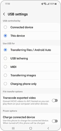 USB file transfer settings
