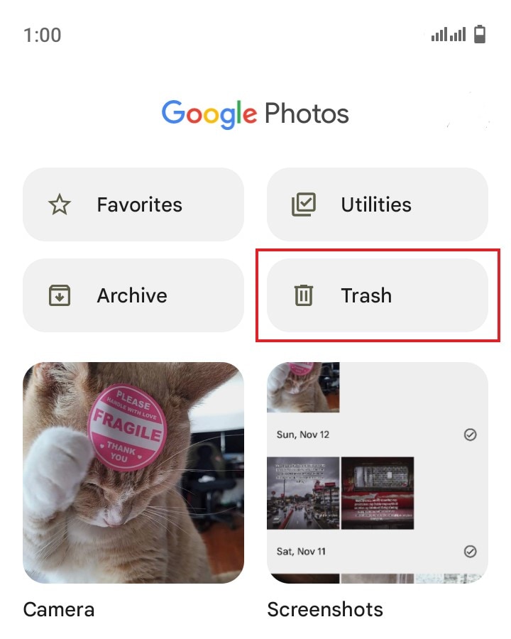 google photos trash folder