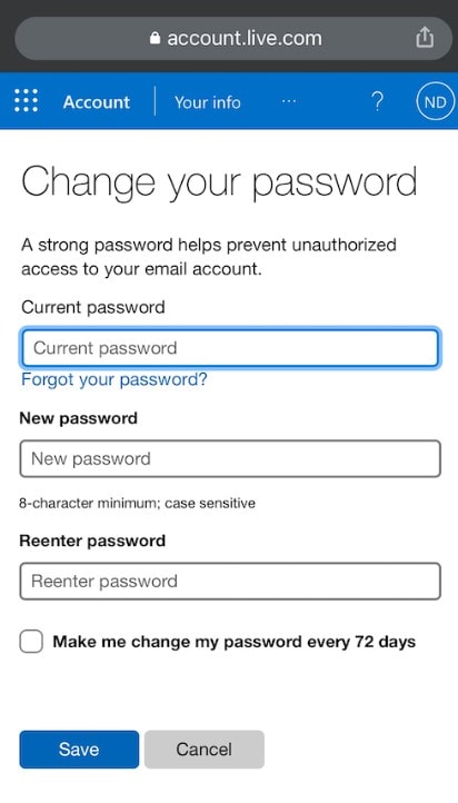 change outlook account password