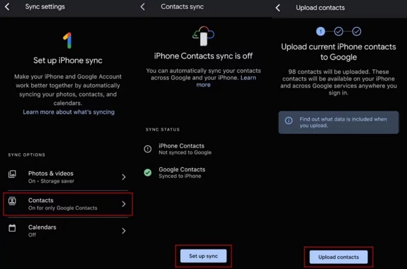 upload contacts via google one