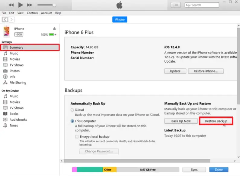 ripristinare il backup delle app tramite iTunes